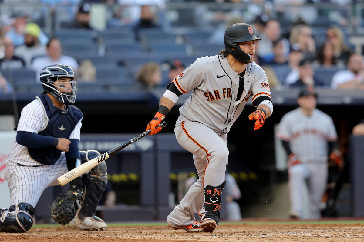 SF Giants shortstop Brandon Crawford follows through on a double against the New York Yankees. (2023)